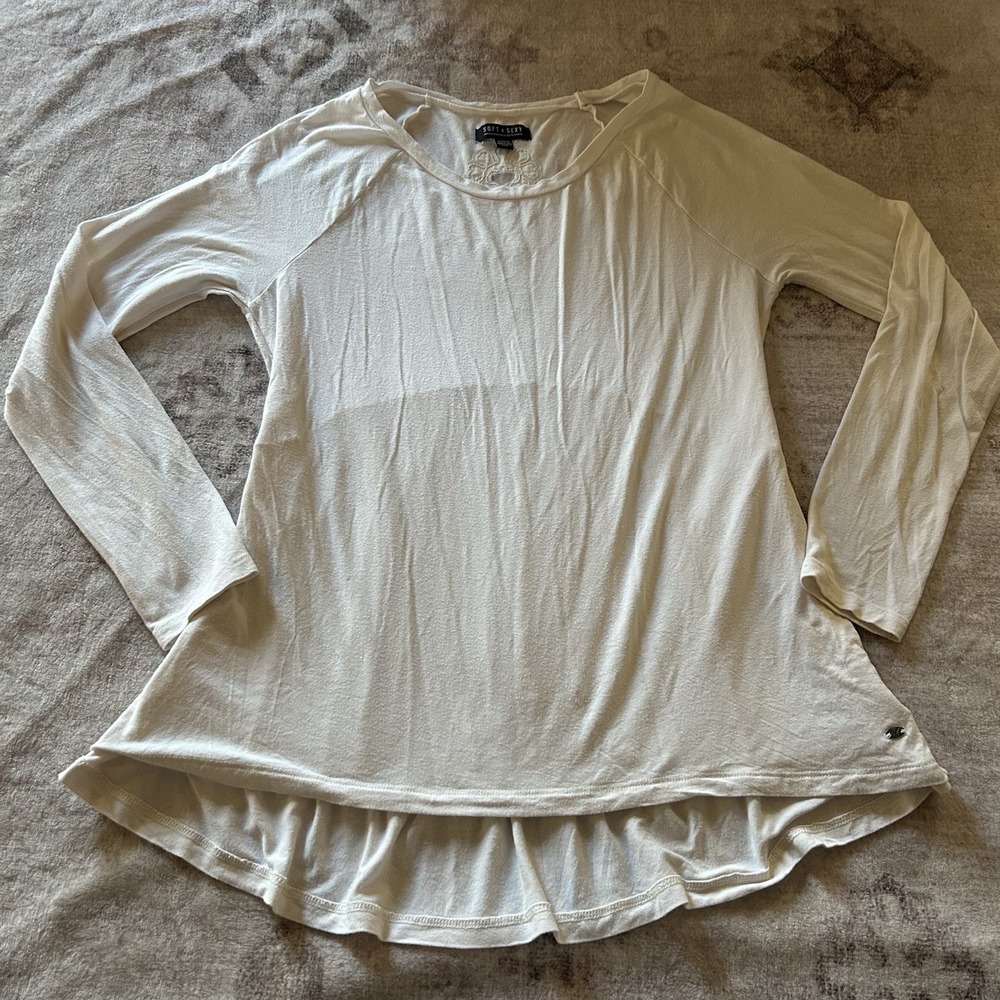American Eagle Outfitters Soft & Sexy Cream Long Sleeve Top Y2K Lace Curve Hem M